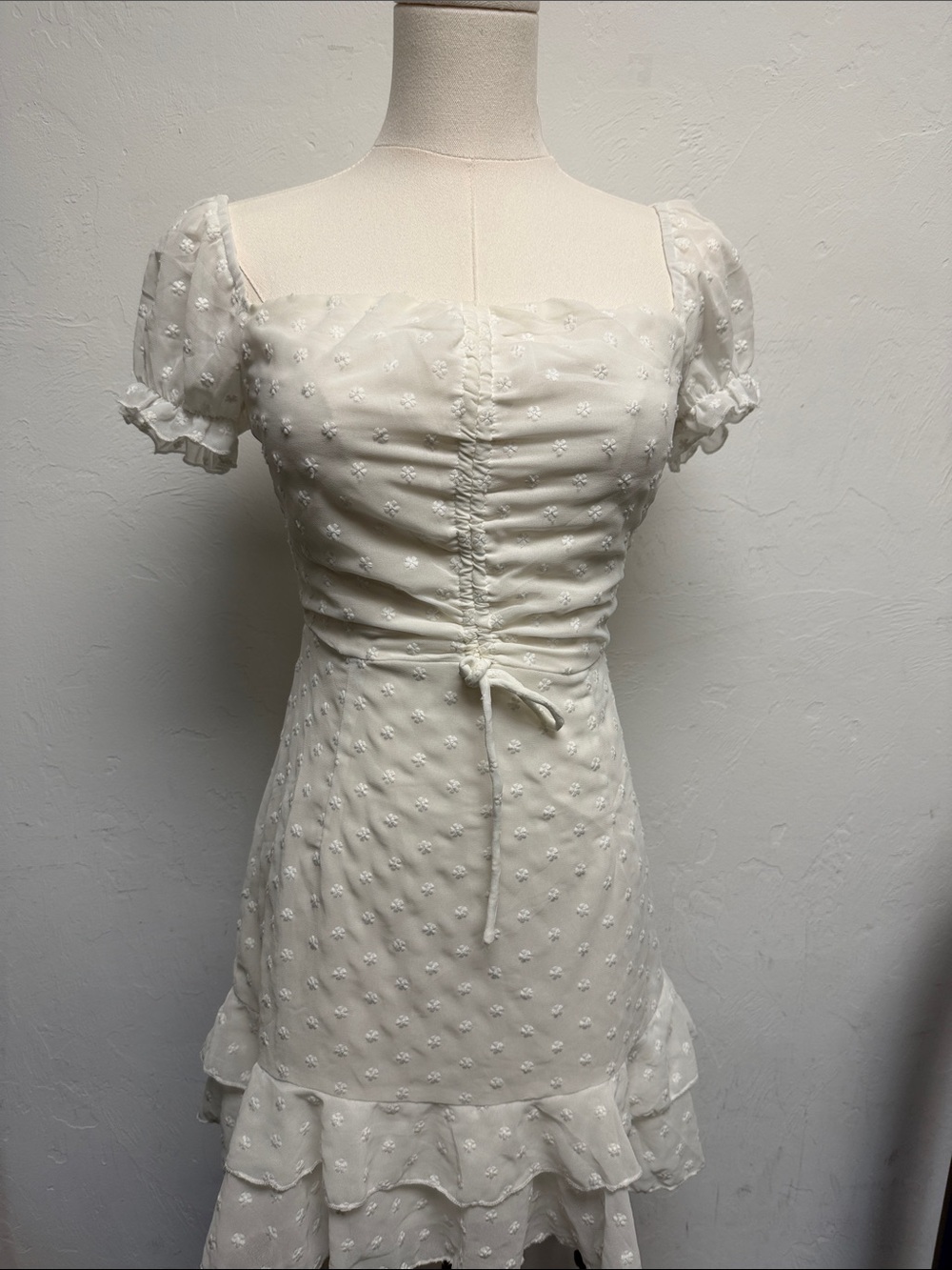 Princess Polly Cream Swiss Dot Ruched Mini Dress